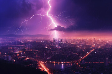 Naklejka na ściany i meble Lightning storm over the city in purple light, weather concept image, Generative AI
