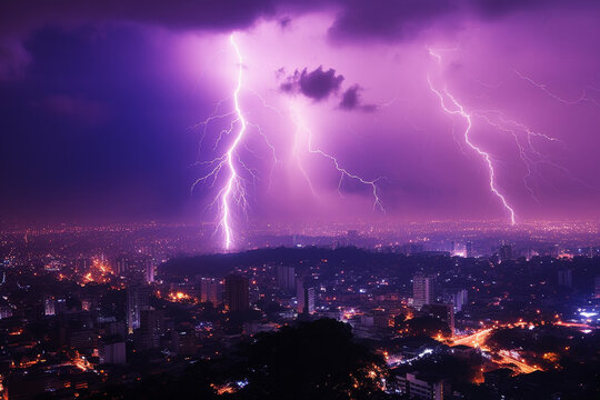 Lightning storm over the city in purple light, weather concept image, Generative AI
