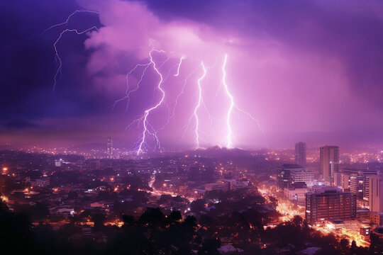 Lightning storm over the city in purple light, weather concept image, Generative AI
