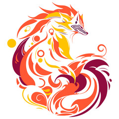 vector illustrated amber orange fox sticker, illustration in abstract japanese style
