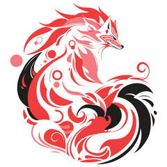 vector illustrated red and pink fox sticker, illustration in abstract japanese style