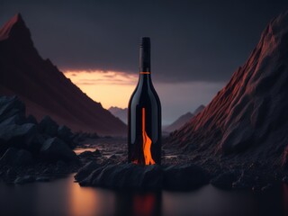 blank wine bottle podium mockup in lava stream for product presentation and lava mountain ground background.generative AI