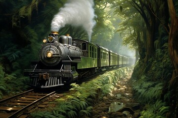 Tren de vapor circulando por un bosque frondoso - obrazy, fototapety, plakaty