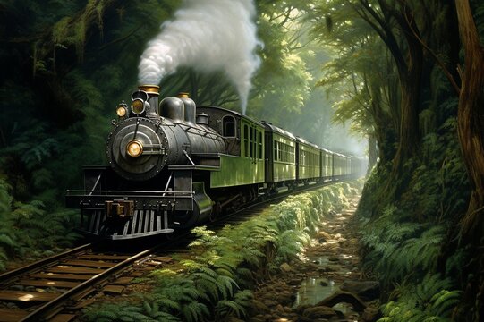 Tren de vapor circulando por un bosque frondoso