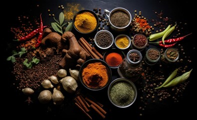 spices and herbs on black