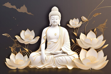 Buddha in Mediation with lotuses flowers, generative AI	
