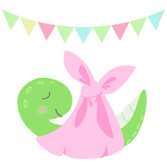 Obraz na płótnie Canvas new born baby dinosaur in hammock. Vector illustration for greeting card, kids print for gender party, baby shower party, print for cakes, books. 