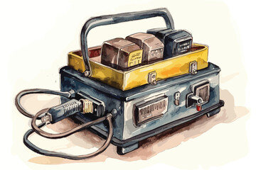 Car battery charger watercolor white background.