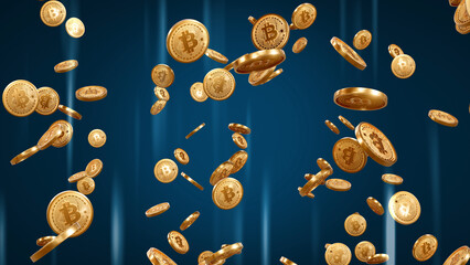 Golden coins with bitcoin rise in bull market. cryptocurrency Bitcoin BTC go up in trading.