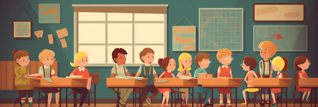 A group of children sit at their desks in a school classroom. back to school. banner.