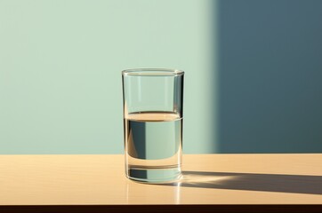 Un vaso de agua encima de una mesa. Minimalista - obrazy, fototapety, plakaty
