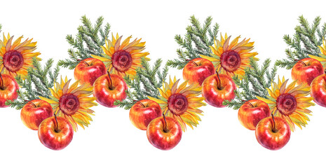 Seamless rim with watercolor autumn arrangement. Flower sunflower and apple with fir or pine tree isolated on white background. Food and plant. Border with harvest for textile. Halloween or wrapping
