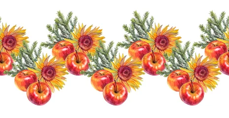 Fotobehang Bloemen Seamless rim with watercolor autumn arrangement. Flower sunflower and apple with fir or pine tree isolated on white background. Food and plant. Border with harvest for textile. Halloween or wrapping