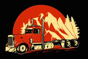 red heavy truck with tree and mountain background - obrazy, fototapety, plakaty