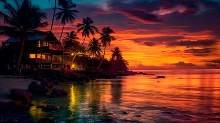 Fototapeta na wymiar Beautiful sunset on the sea with palm trees and cute houses and boats Generative AI
