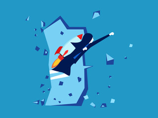Businesswoman flies with a rocket through the wall and overcomes the obstacles. to a new goal vector