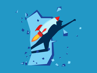 New opportunities. man flies with a rocket. breaks through walls and breaks through obstacles vector