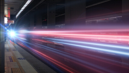 Rush hour Fast moving  evening ,Fast moving traffic drives   time lapse fast light each subway lane effect line light cg