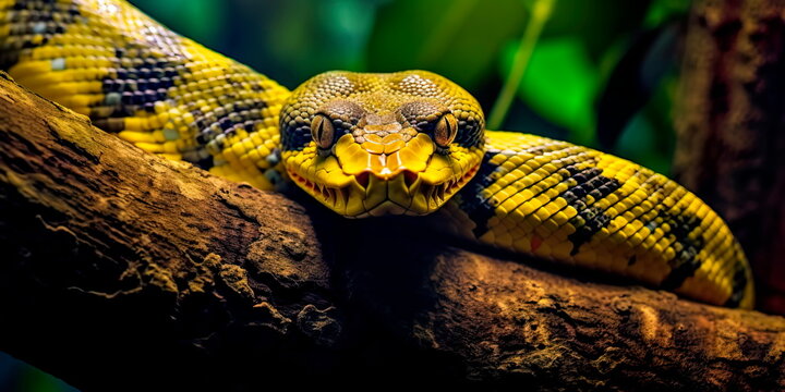 yellow python coiling around a tree in a rainforest.