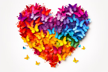 Colorful rainbow heart made from butterflies isolated on white background. This illustration represents concept of love for LGBTQ, gay, lesbian, pride and bisexsual. Digital illustration generative AI