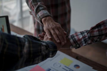 Join hands, Start up team meeting planning, business people applaud for job success.