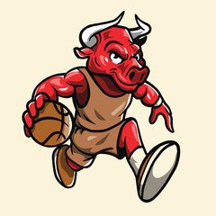 Bull Mascot As a Basket Ball Player - Vector