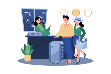 Couple books hotel for vacation.