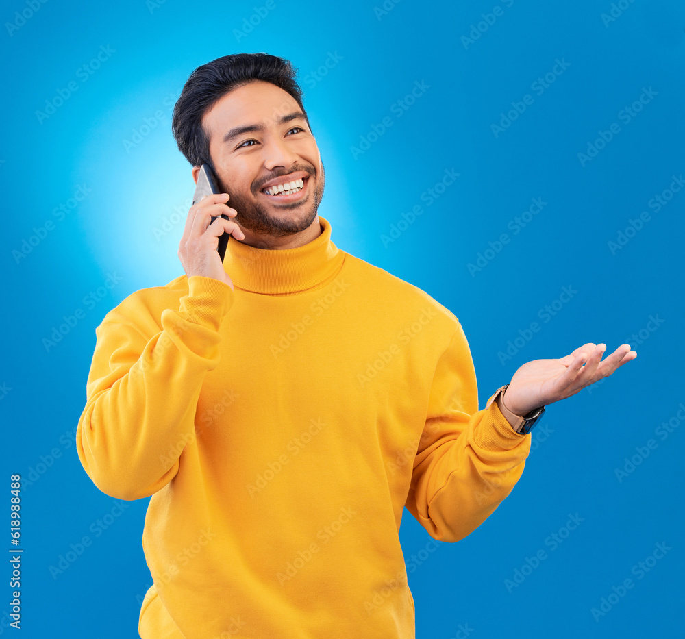 Poster Technology, man and smartphone against a blue background and happy for networking. Discussion or online communication, connectivity or conversation and male person on a phone call against backdrop