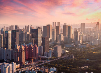 Naklejka na ściany i meble Aerial view of Skyline in Shenzhen city sunset in China