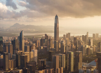 Aerial view of Skyline in Shenzhen city sunset in China
