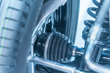 electric system of eco car front driving axle in the car, visible elements of the steering system