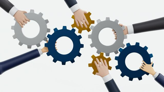 Business team hands connect and joining a piece of gear, partnership integration and teamwork concept, 3D rendering, Loop 4K UHD.