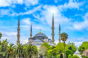 Fototapeta na wymiar Blue Mosque Dome Minarets Trees Istanbul Turkey