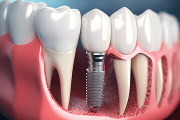 Fototapeta na wymiar Dental implantation, teeth with implant screw, 3d illustration