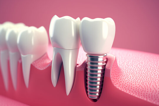 Dental implantation, teeth with implant screw, 3d illustration