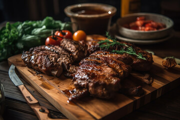 Photo of Grilled Meat on Wooden Chopping Board, Generative AI