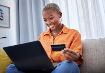 Laptop, smile or black woman online shopping with credit card for digital product with discount...