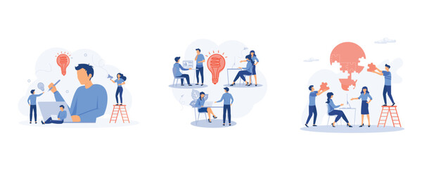 Fototapeta premium searching for new ideas and decisions rising career to success, promotion in the network, brainstorming, set flat vector modern illustration