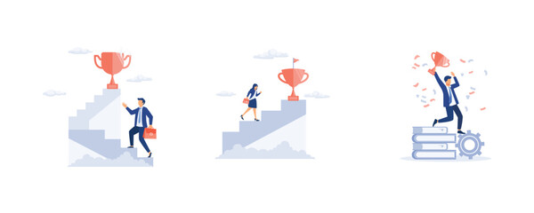 Fototapeta premium Businessman holding trophy cup standing on the stair, Businesswoman climbing ladder to golden trophy, Success and professional achievement, set flat vector modern illustration