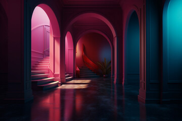 Architecture and interior design concept. Abstract retro minimalist interior colorful design background with copy space. Vivid colors, futuristic style with various objects in room. Generative AI