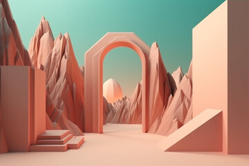 Surreal various and colorful minimalistic geometric shapes and landscape mix background with copy space. Generative AI