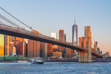 Manhattan's skyline with Brooklyn bridge, cityscape of New York City in the United States