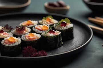 Close-Up Photo of Japanese Cuisine Served on Ceramic Plate, Generative AI