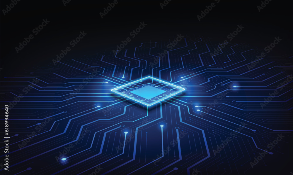 Poster abstract technology chip processor background circuit board and html code,3d illustration blue techn