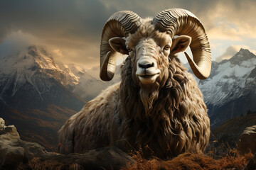 Horned ram in the mountains