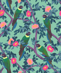 Fototapeta premium Seamless pattern with parrots sitting on branches with flowers. Painted by hand