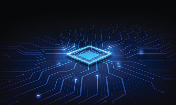 Abstract technology chip processor background circuit board and html code,3D illustration blue technology background vector..