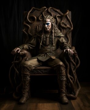 An image of Loki, the Norse trickster god, sitting on a twisted, knotted wooden throne.