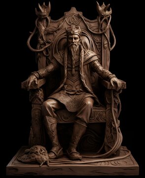 An image of Loki, the Norse trickster god, sitting on a twisted, knotted wooden throne.