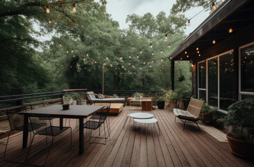 large backyard featuring a backyard surrounded by trees and string lights